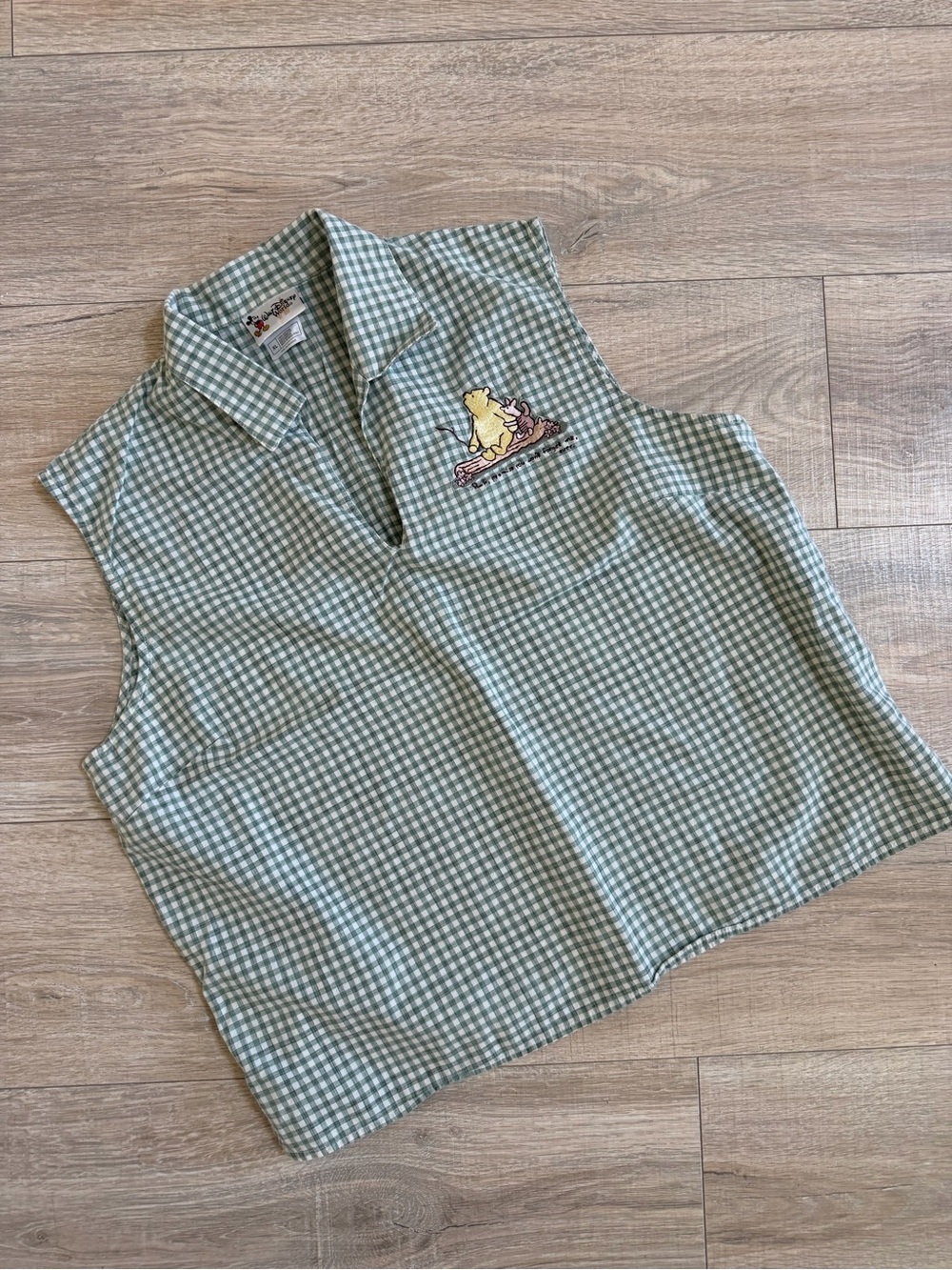 Vintage Walt Disney World Winnie the Pooh Piglet Embroidered Gingham Sage top XL